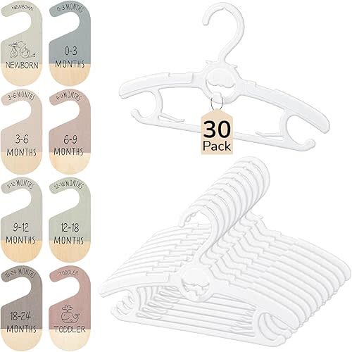 Hsei 30 Packs Baby Hangers for Nursery Closet with 8 Pcs Wooden Baby Clothes Organizer Dividers, 11"-14.6" Extendable and Non Slip Infant Hangers for 0-18 Month Newborn Toddler Kids Coats Pants
