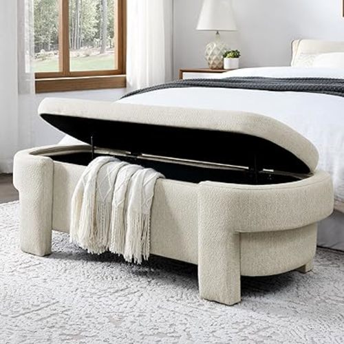 51.5" Oval Storage Bench End of Bed Storage Ottoman Benches Linen Fabric Upholstered Oversized Ottoman Bench with Large Storage Space for Living Room Entryway Bedroom Hallway Window Seating