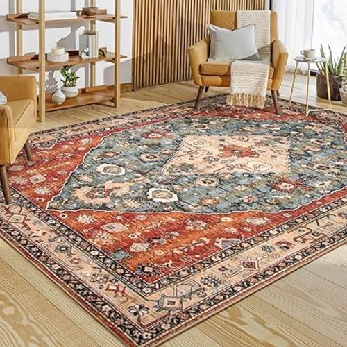 Lahome Boho Tribal Area Rug - 8x10 Large Living Room Area Rug for Bedroom Aesthetic, Washable Playroom Mat Vintage Soft Nursery Accent Carpet for Dining Family Room Foyer Apartment Den,Rust