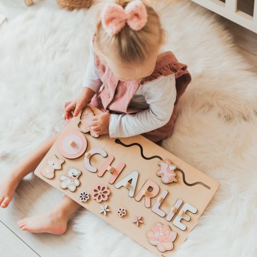 Busy Board For Toddler Girl | Wooden Montessori Toy For Kids | Baby Name Puzzle | Personalized Birthday Gift | First Christmas Gift For Kids