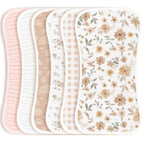 Konssy Muslin Baby Burp Cloths Sets for Unisex- 6 Pack Large 100% Cotton Adorable Printed Burping Clothes for Newborn, Baby Girls and Boys - Floral