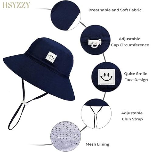 Baby Sun Hat Smile Face Toddler UPF 50+ Sun Protective Bucket Hat, Adjustable Cap - Navy