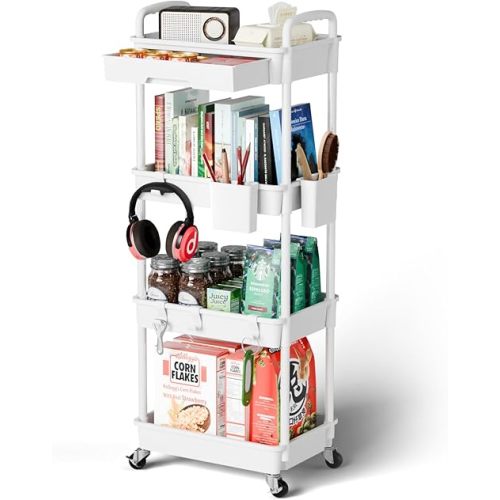 4 Tier Rolling Cart Organizer,Art Craft Diaper Bedside Snack Cart Laundry Room Bathroom Organizer Narrow Thin Slim Rolling Trolley Utility Cart with Wheels for Kitchen,Office(White)