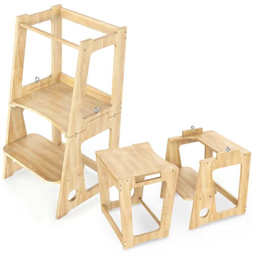 ZZBIQS Kitchen Stool Helper Stools for Kids, 2-in-1 Convertible Toddler Step Stool Helper Standing Tower for Kitchen Counter, Bathroom, Toilet , Natural