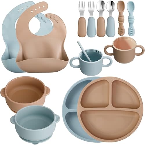 16 Pcs Baby Led Weaning Supplies Silicone Baby Feeding Set Baby Plates with Suction Baby Utensils with Divided Adjustable Bib Bowl Cutlery Snack Cup Spoons Straw 6 Months+ (Cadet Blue, Walnut)