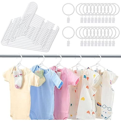 Hsei 30 Packs Nursery Baby Hangers with Ring Clips, Toddler Hangers, Kids Plastic Clothes Hanger for Infant Children Pants Closet Coat Skirts Socks(White)