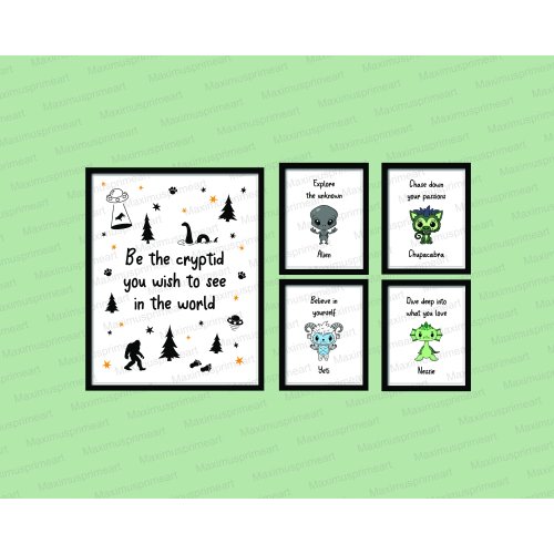 Motivational 5 piece Cryptozoology Children's Wall Art Digital Download - Cryptids, Alien, Nessie, Yeti, Chupacabra