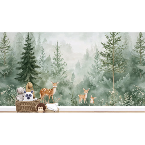 Millwood Pines Misty Green Forest With Deer Wallpaper – Watercolor Woodland Animals Mural For Nursery Or Playroom, Forest Landscape Wall Decor For Children (Non-Woven) VN263 | Wayfair