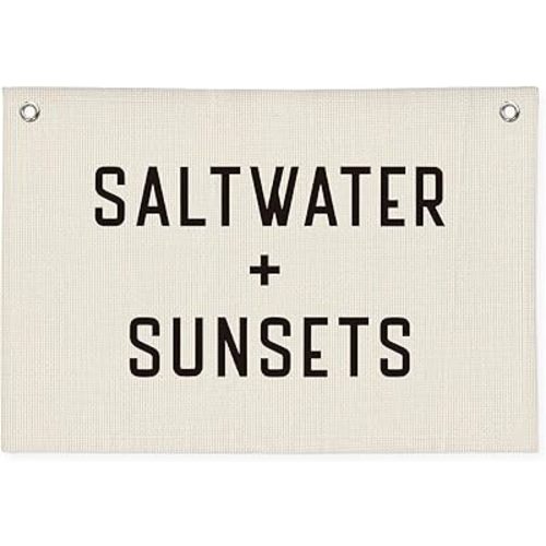 Boys Room Decor Coastal Beach Wall Hanging | Saltwater and Sunsets Linen Canvas Banner for Kids Playroom, Nursery, Surf Shack | Nautical Vintage Rustic Sign 20x30 Inch