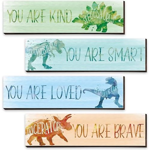 4 Pcs Dinosaur Room Decor for Boys, Inspirational Posters Wall Plaque for Kids Bedroom Nursery Classroom Dinosaur Prints Wall Art Decor(Cool Colors,16 x 5 Inch)