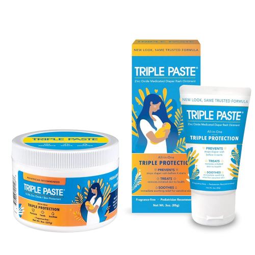 Triple Paste Diaper Rash Cream for Baby - 8 Oz Tub & 3 Oz Tube At Home & On the Go Bundle - Zinc Oxide Ointment Treats, Soothes and Prevents Diaper Rash