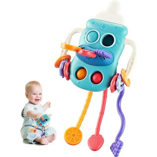 Montessori Toys for 1 Year Old, Sensory Toys for Toddlers 1-3, Food Grade Silicone Pull String Activity Toy, Travel Toys for Babies Boys Girls 1 2 3 Year Old (Blue)