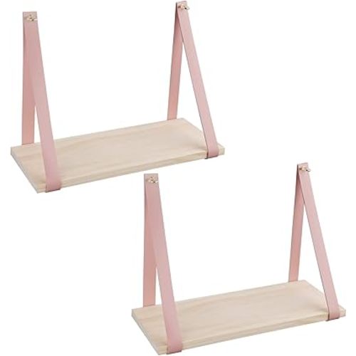Leather Strap Wood Floating Wall Shelf Wooden Shleves Wall Organizer Wall Mount Shelf Home Decor Kitchen Living Room Bedroom(Pink Set of 2)