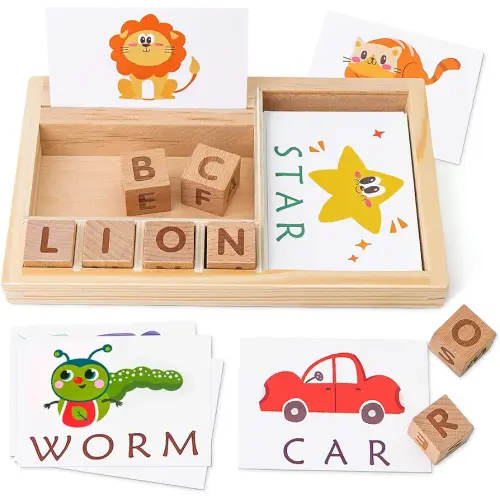 Coogam Spelling Games, Wooden Matching Letters Toy with Flash Cards Words, Montessori ABC Alphabet Learning Educational Puzzle Gift for Preschool Boys Girls Kids Age 3 4 5 Years Old