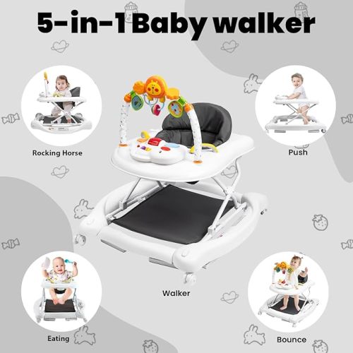 5-in-1 Baby Walker, Baby Walkers for Boys Girls 6-18 months, Foldable Activity Walker, Toddler Infant Walker with Bouncer, Adjustable Height, Removable Footrest, Feeding Tray, Music - b-white