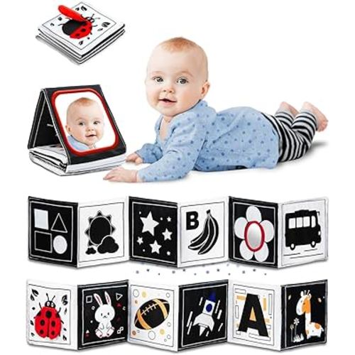 High Contrast Black and White Baby Toys for Newborn 0-6 Months – Contrast Cards & Sensory Baby Book with Mirror – Tummy Time Infant Toys for Visual Stimulation, Early Learning & Brain Development