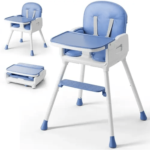 3-in-1 Portable Baby High Chair for Babies and Toddlers, Convertible Easy Clean Infant Foldable Highchair with Adjustable Legs & Dishwasher Safe Tray, Blue