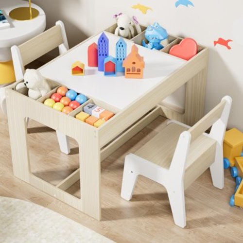 LAZY BUDDY Kids Table & Chair Set, 3 in 1 Children Wood Activity Table W/ Storage Detachable Tabletop for Children Drawing Reading Art Craft, Playroom, Nursery, Toddler Table and Chair Set, Nature