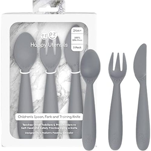 ezpz Happy Utensils - 24 Months+ (Gray) - BPA Free Toddler Utensils - Fork, Spoon and Knife for Toddlers and Preschoolers - Kids Utensils for Self-Feeding Development