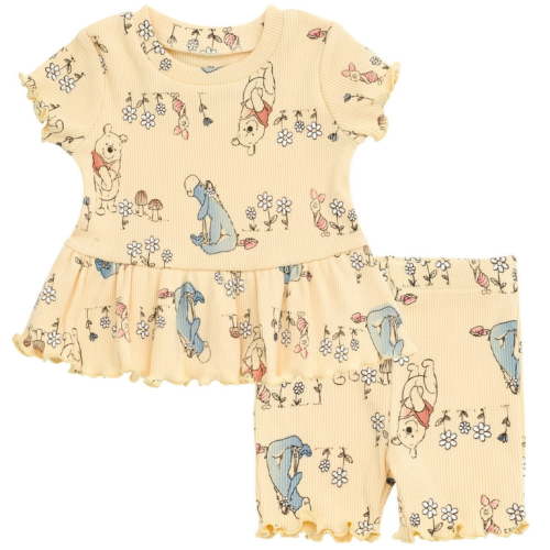 Disney Winnie the Pooh Eeyore Piglet Newborn Baby Girls Peplum T-Shirt and Bike Shorts Outfit Set Yellow 3-6 Months
