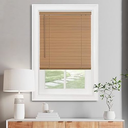 Cordless Light Filtering Mini Blind - 27 Inch Width, 64 Inch Length, 1" Slat Size - Woodtone - Cordless GII Morningstar Horizontal Windows Blinds for Interior by Achim Home Decor
