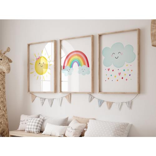 Set of 3 Rainbow Prints Rainbow Nursery Art Rainbow Wall Art Cute Cloud Sunshine Weather Girls Wall Art Kids Printable Instant Download A530