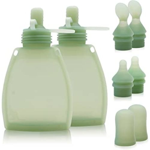 KAANG Silicone Baby Food Pouches Refillable 5oz 2 Pack, Reusable Food Pouches for Baby Food Storage with Spoon Feeder for Toddlers and Babies, Make Homemade Organic Food (Green)