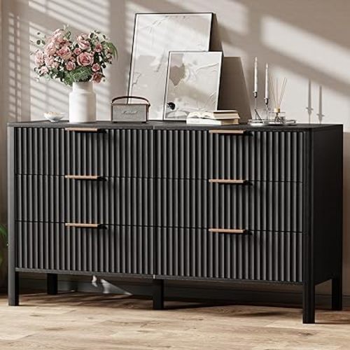 55" Wide Fluted 6 Drawer Dresser for Bedroom, Wooden Dresser Modern Chest of Drawers TV Stand Dressers with Organizer Storage for Bedroom, Living Room, Entryway, Hallway, Black