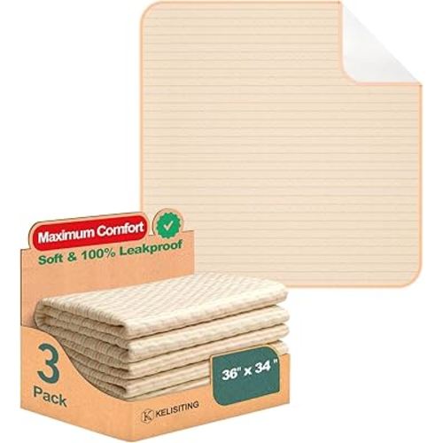 Bed Pads for Incontinence Washable Waterproof, 36" x 34" (Pack of 3) - Reusable Medium Bamboo Fiber Pee Pads for Adults, Women, Elderly, Pet, 4-Layer Underpads for Sofa, Couch, Furniture - KELISITING