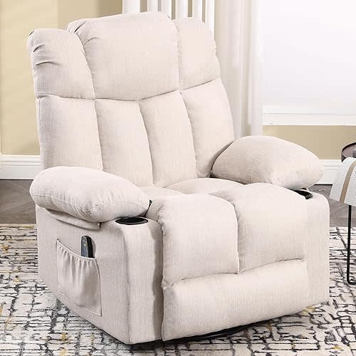 INZOY Massage Swivel Rocker Recliner with Heat and Vibration, Nursing Chairs Swivel Glider Heated Recliner with Cup Holder, Fabric Manual Rocking Recliner Chair for Living Room Bedroom, Beige
