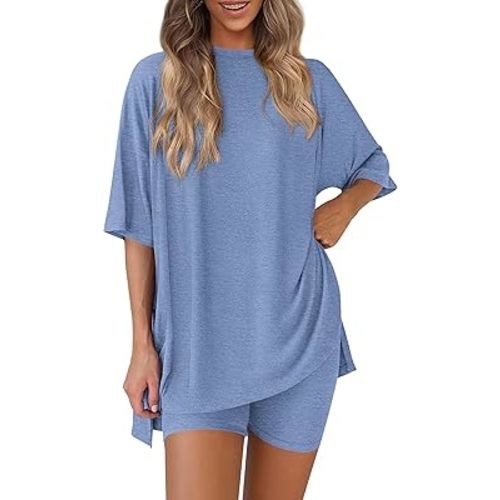 PRETTYGARDEN Women's Two Piece Lounge Set 2025 Summer Casual Oversized Shirts Biker Shorts Matching Airport Travel Outfit