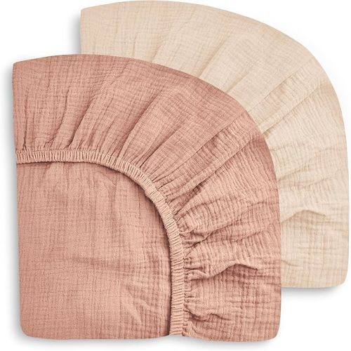 SWEET DOLPHIN 2-Pack Muslin Crib Sheets for Boys & Girls, Ultra Soft Breathable 40S Long-Staple Cotton Fitted Baby Sheets for Standard Crib Mattress 52"x28", Light Bean Paste- Nursery Essentials
