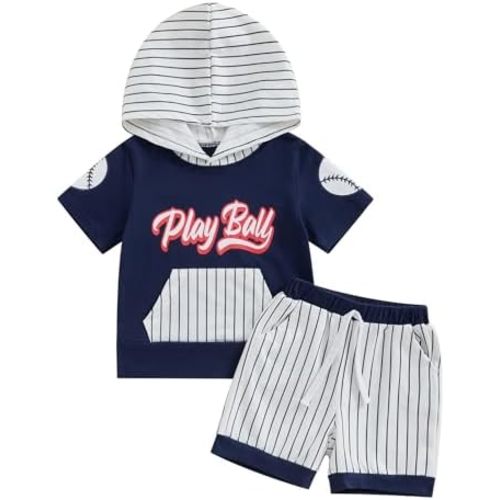 Meiweileya Toddler Baby Boy Baseball Outfits Short Sleeve Play Ball Hoodie Tshirt Striped Jogger Shorts Set Summer Clothes