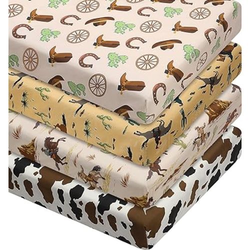 4 Pcs Western Cowboy Crib Sheet Set Baby Sheet Newborn Bedding Nursery Crib Sheets for Girl Boys Baby Gifts for Standard Crib and Toddler Mattresses, 52 x 28 x 8 Inches