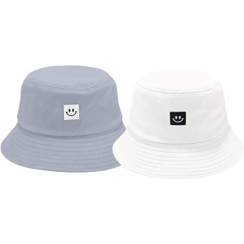 Kids Sun Hat Smile Face Bucket Hat for Girls Boys Summer Sun Protection Cotton Unisex Beach Cap Grey and White