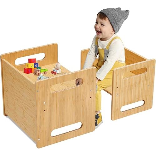 Montessori Table and Chair Set,Bamboo Wood Weaning Table and Chair Set,Kids Montessori Furniture for Reading,Dining,Playing