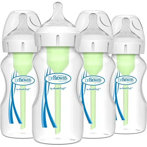 Dr. Brown's Natural Flow Anti-Colic Options+ Wide-Neck Baby Bottles 9 oz/270 mL,with Level 1 Slow Flow Nipple,4 Count,0m+