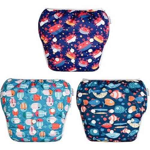Babygoal Baby Boy Swim Diapers 3 Pack for 0-8 Months Infant, Reusable Adjustable Washable for Swimming Lessons-Crab,Fish,Starfish