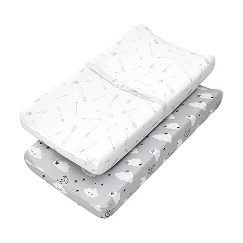 TILLYOU Changing Pad Cover Set in Soft Jersey Material - Fits 32"/34''x16 Contoured Pad for Babies, Clouds & Arrows