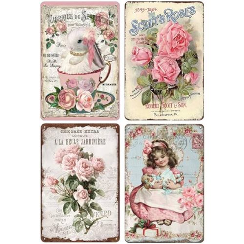 YOYI ART 4pcs Vintage Pink Roses Flowers Decor Tin Sign - French Country Shabby Chic Signs for Room, Bathroom, Kitchen, Garden, Yard Wall Decor Art, Gifts for Women and Flower Lover, 8 x 12 inch