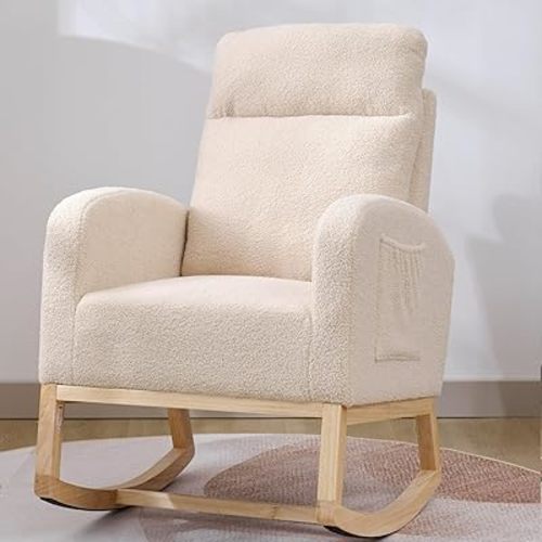 Nursery Rocking Chair with Solid Wood Legs, Glider Chair for Nursery with Two Side Pockets, Rocker Armchair for Living Room Bedroom (Beige, Teddy)