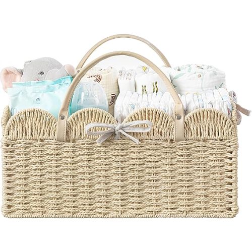 HBlife Large Baby Diaper Caddy, Paper Rope Storage Baskets Nursery Bin with Removable Divider, Portable Car Organizer for Diapers, Baby Shower Gifts, Newborn Essentials Must Haves