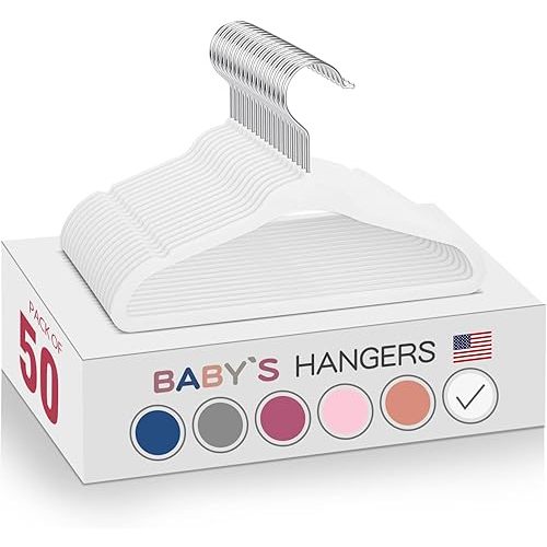 White Velvet Kids Hangers 50 Pack - 11" Ultra Thin Non-Slip Clothes Hangers for Baby/Toddler/Daycare | 360° Rotating Hooks, Space-Saving Nursery Organization
