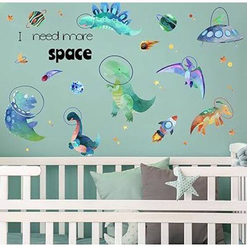 Yovkky Boys Space Dinosaurs Astronauts Wall Decal, Funny Peel Stick Dino Animal Planet Stickers Nursery Spaceship Rocket Decor, Home Baby Room Decorations Kids Bedroom Playroom Art Party Supply Gift