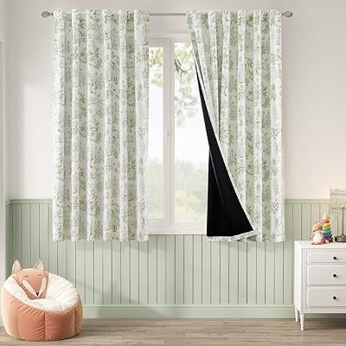 jinchan 95% Blackout Nursery Curtains 63 Inches Long, Bunny Woodland Toile Curtain Sage Green Animal Printed Drapes for Bedroom Rod Pocket Thermal Insulated Farmhouse Window Drape 2 Panels