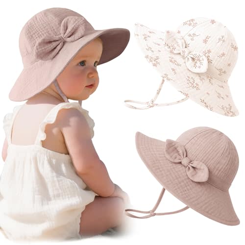 Konssy Muslin Baby Sun Hat 2-Pack, UPF 50+ Sun Protection Wide Brim Summer Beach Hat, Bucket Hat for Girls and Boys