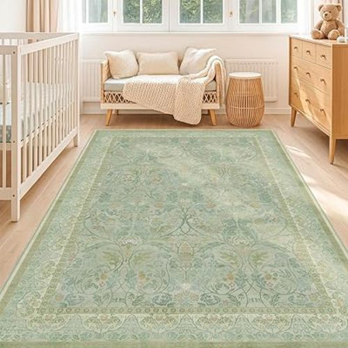 Sage Green Living Room Rugs 5x7, Soft Washable Non Slip Area Rugs for Nursery, Bedroom, Playroom, Dorm, Light Green Low Pile Floor Mat, French Country Aesthetic Indoor Carpet