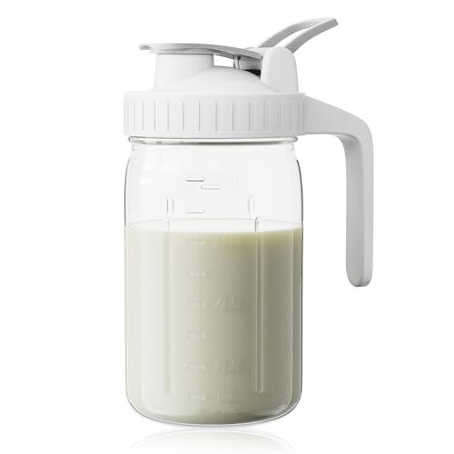 Breast Milk Pitcher, Mason Jar 32 oz, Heavy Duty Wide Mouth Jar with White Flip Cap Lid and Pour Spout, Airtight Seal for Freshness and Convenience, Formula Pitcher Great for Cold Beverages