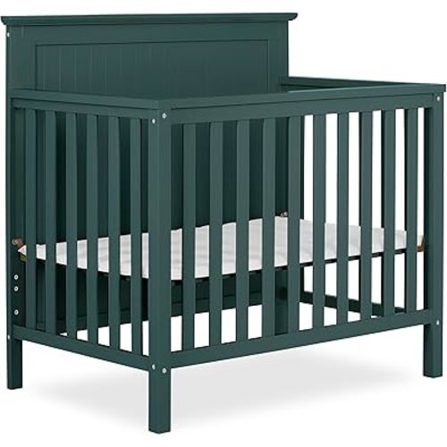 Dream On Me Ava 4-in-1 Convertible Mini Crib in Olive, Greenguard Gold Certified, Non-Toxic Finish, Comes with 1" Mattress Pad, with 3 Mattress Height Settings