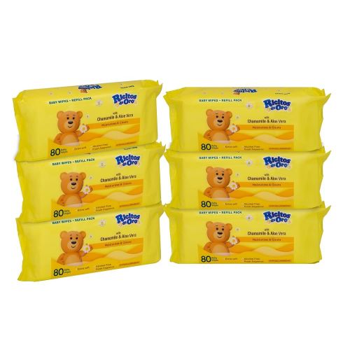 Ricitos de Oro Baby Wipes, Chamomile and Aloe Vera Refillable Baby Wipes, Moisturize and Clean Baby, Lightly Scented, Hypoallergenic, Alcohol-Fee, 6-Pack of 80 wipes each one (480 wipes)